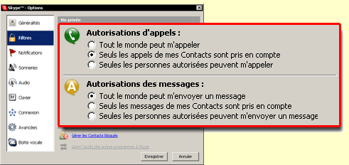 skype : les autorisations d'appels